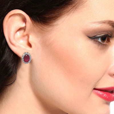 Estele Rhodium Plated American Diamond CZ Ruby Halo Stud Earrings for women
