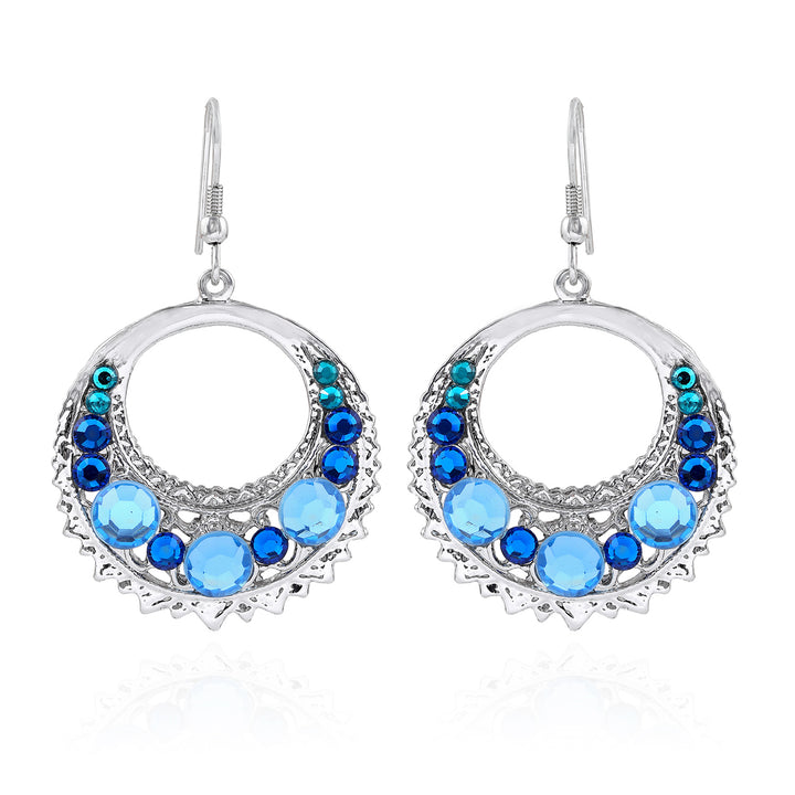 Party Wear Silver Toned Blue Crystal Dangler Earrings
