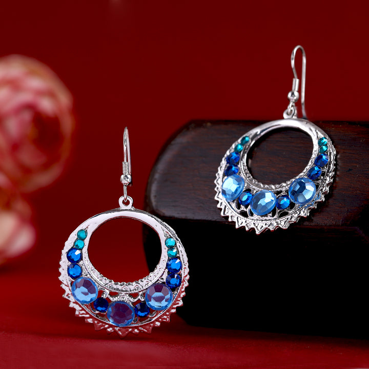 Party Wear Silver Toned Blue Crystal Dangler Earrings