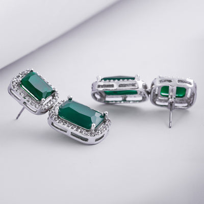 Estele Rhodium Plated Aster Green emerald stones Earrings