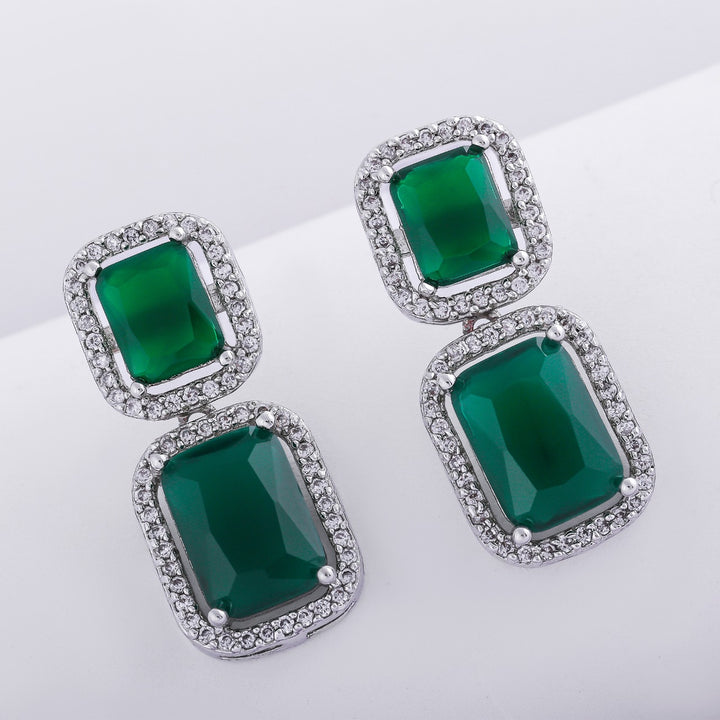 Estele Rhodium Plated Aster Green emerald stones Earrings