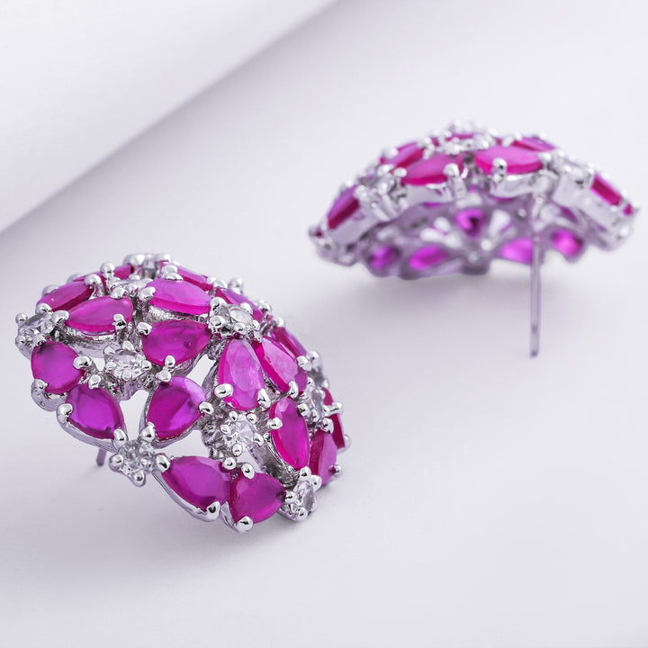Estele Rhodium Plated Luxor Ruby Diamond Studs Earrings for Women