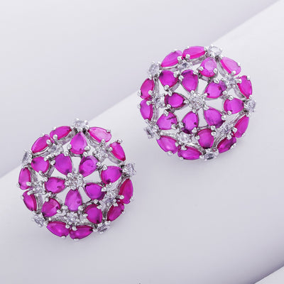 Estele Rhodium Plated Luxor Ruby Diamond Studs Earrings for Women