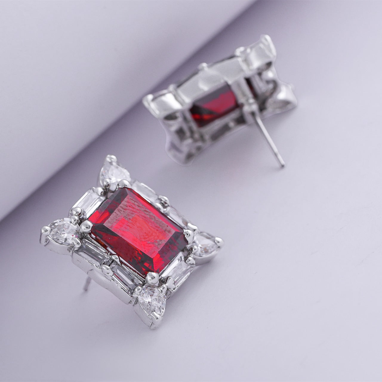 Estele Non-Precious Metal Gold and Silver Plated American Diamond Ruby Stud Earrings for Girls