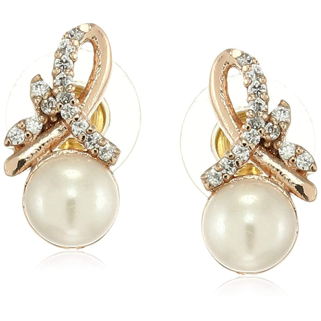 Estele Gold Plated Dazzling Pearl Stud Earrings with Austrian Crystals for Girls and Women