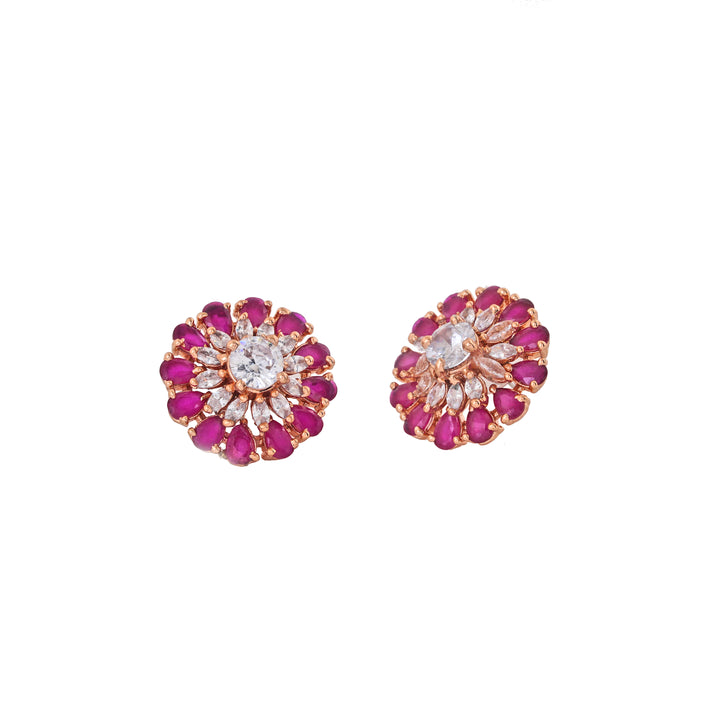 Estele Rose Gold Plated CZ Sparkling Flower Designer Stud Earrings for Women
