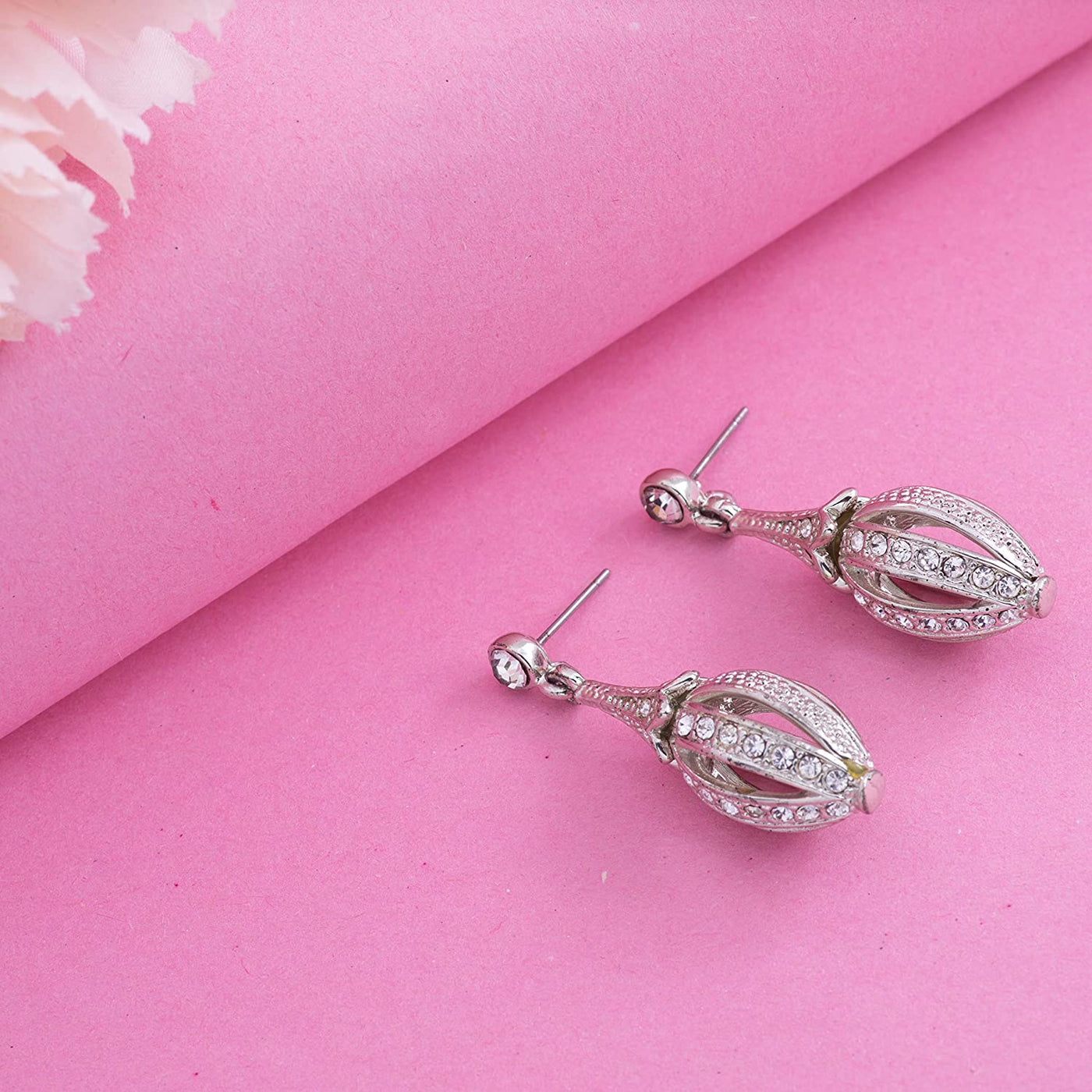 Estele Rhodium Plated Faberge Drop Earrings for women