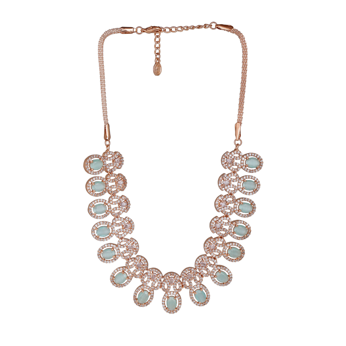 Estele Rose Gold Plated CZ Sparkling Necklace Set with Mint Green Crystals for Women