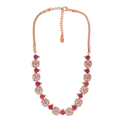 Estele Rose Gold Plated CZ Sparkling Designer Necklace Set with Pink Crystals for Women