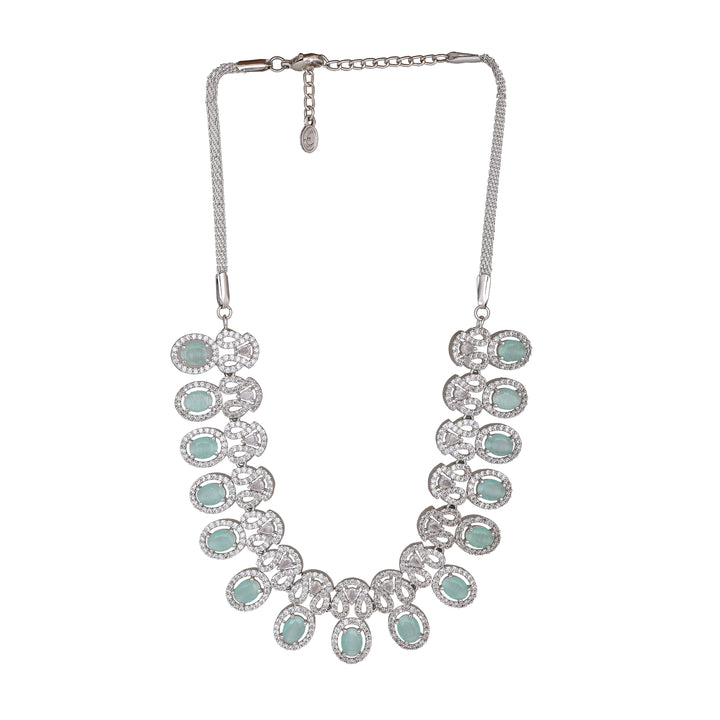 Estele Rhodium Plated CZ Fascinating Necklace Set with Mint Green Crystals for Women