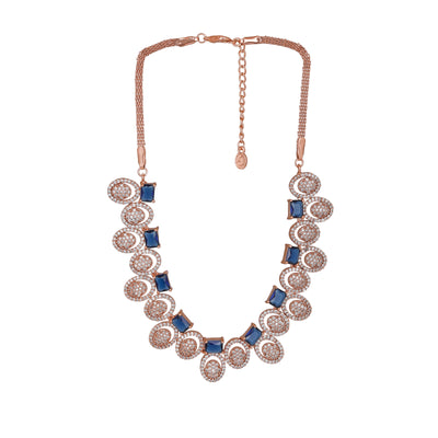 Estele Rose Gold Plated CZ Trendy Glitterati Necklace Set with Blue Crystals for Women