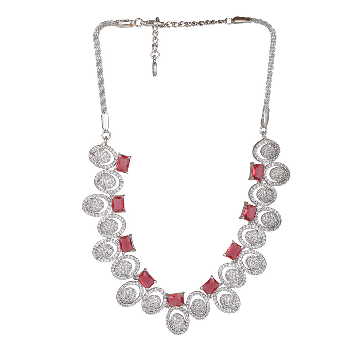 Estele Rhodium Plated CZ Circular Designer Necklace Set with Pink Crystals for Women