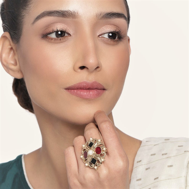 Estele Gold Plated Adjustable Multi Color Stone Ring for Women