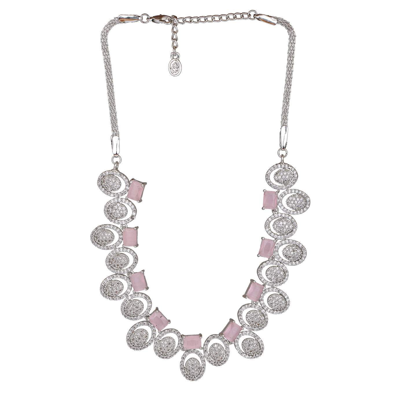 Estele Rhodium Plated CZ Elegant Necklace Set with Mint Pink Crystals for Women