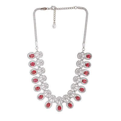 Estele Rhodium Plated CZ Beautiful Necklace Set with Ruby Crystals for Women