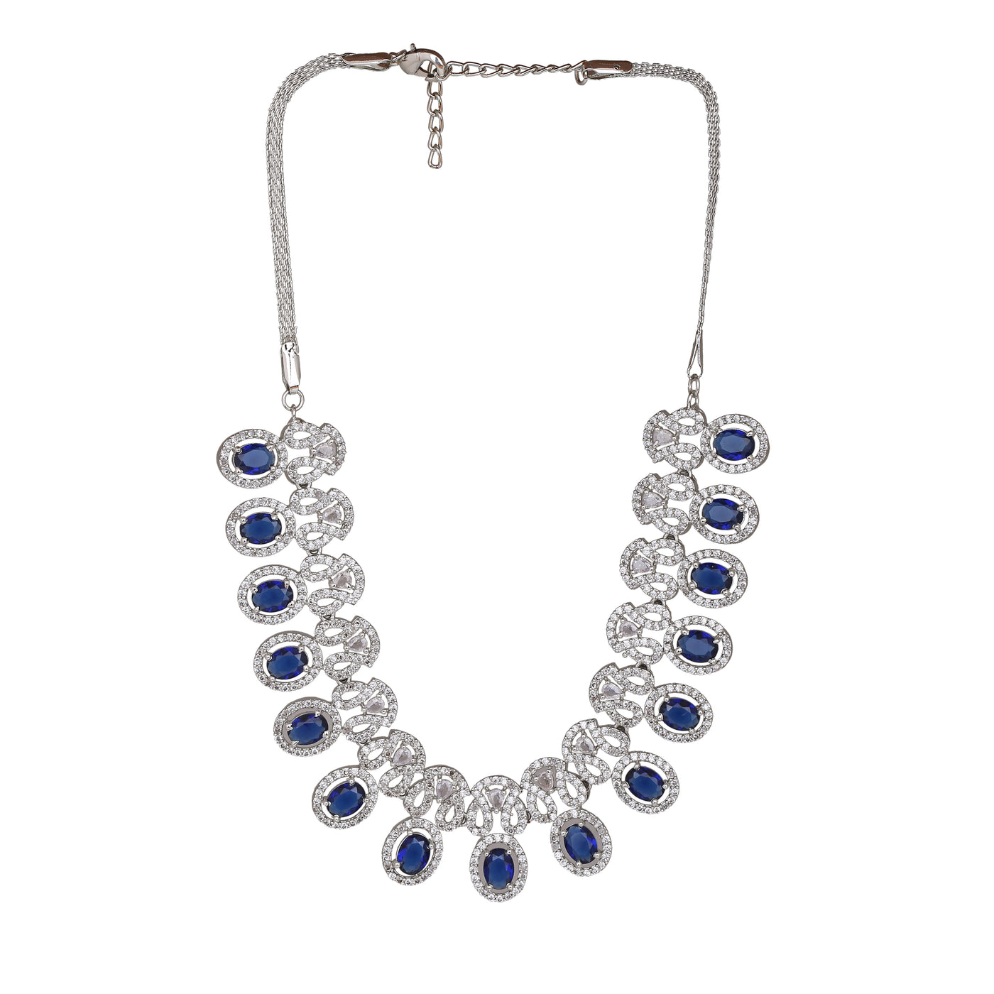 Estele Rhodium Plated CZ Sparkling Necklace Set with Blue Crystals for Women