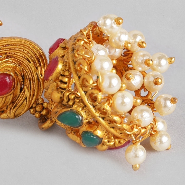 Estele - Gold Plated Holy Swans Designer Nakshi Temple Necklace Set with Colored Stones and Pearls for Women