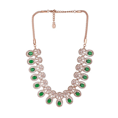 Estele Rose Gold Plated CZ Sparkling Necklace Set with Green Crystals for Women