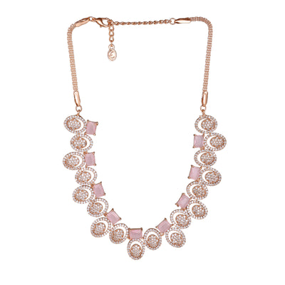 Estele Rose Gold Plated CZ Astonishing Necklace Set with Mint Pink Crystals for Women