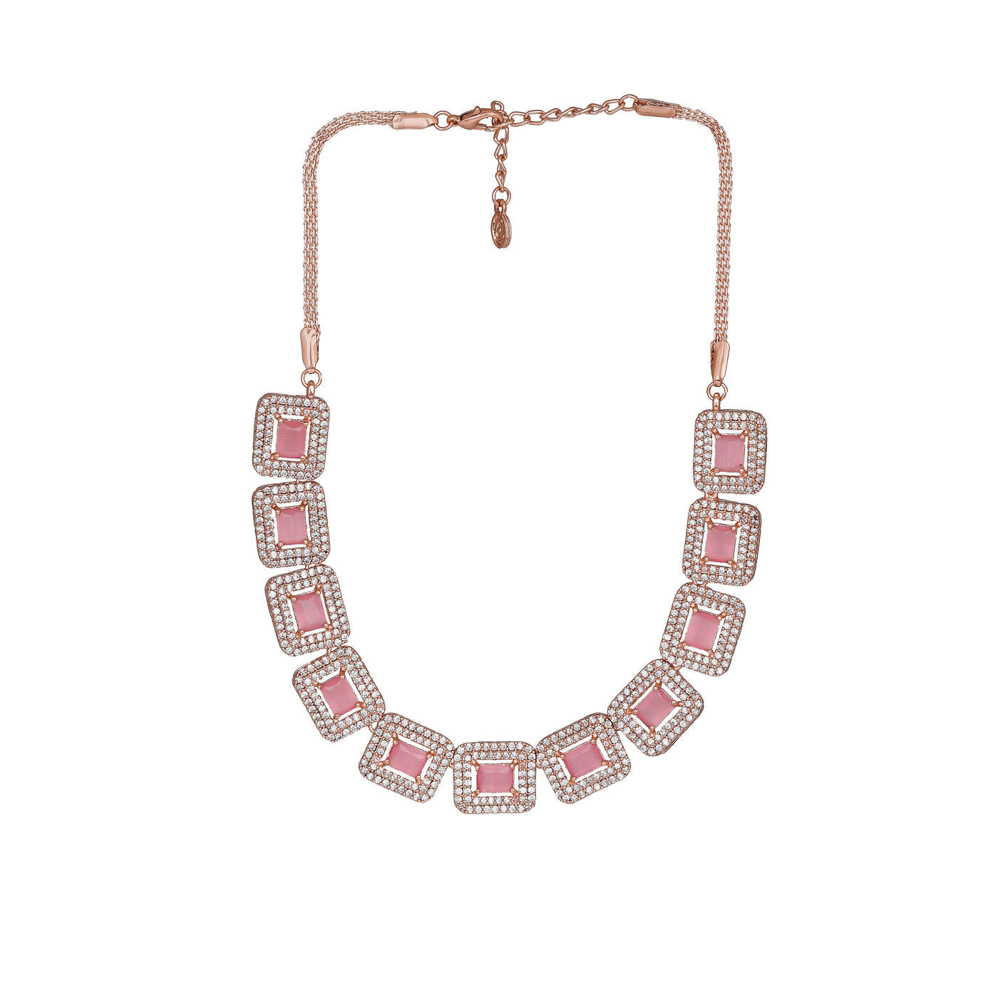 Estele Rose Gold Plated CZ Shimmering Necklace Set with Mint Pink Crystals for Women