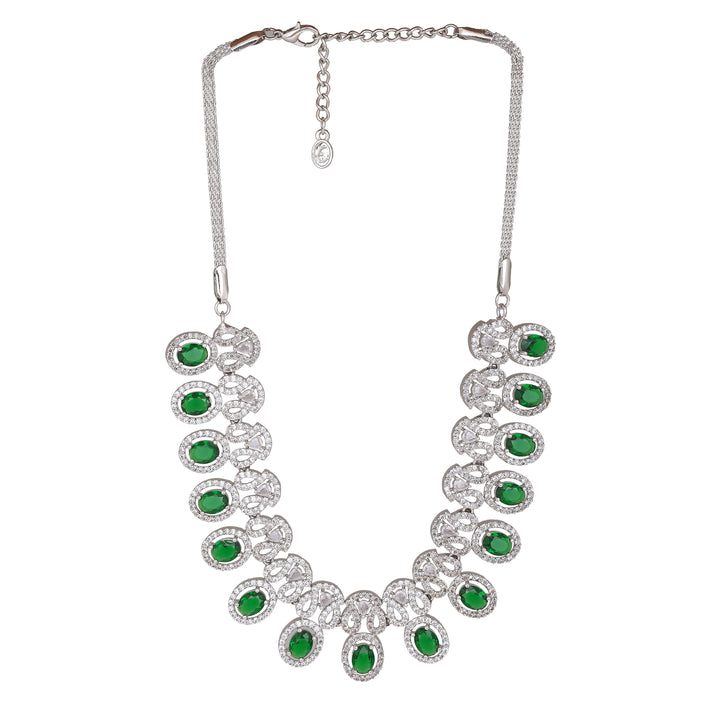 Estele Rhodium Plated CZ Gorgeous Necklace Set with Green Crystals for Women