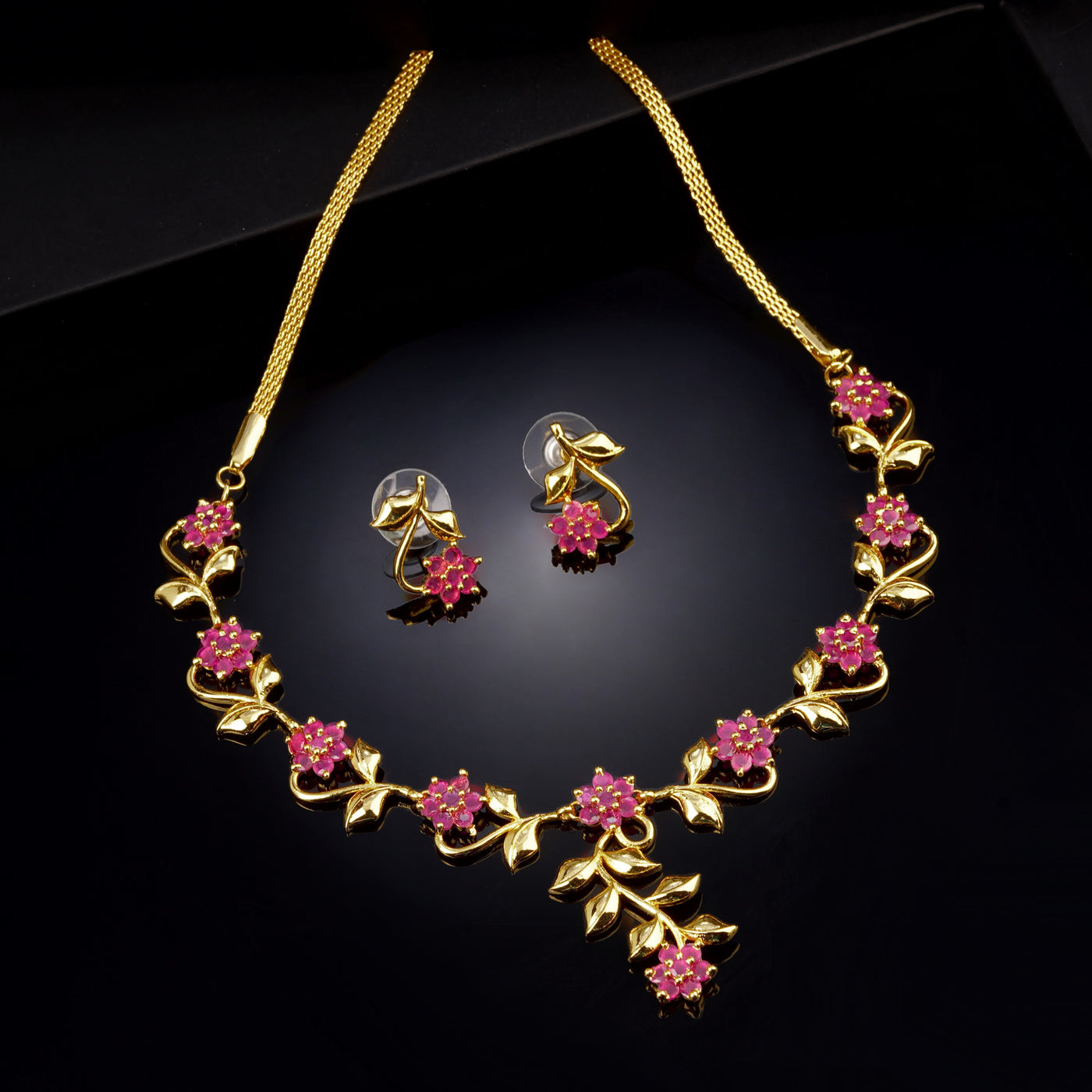 Estele Gold Plated Traditional Flower Designer Jewellery Set with Ruby Stones for Women