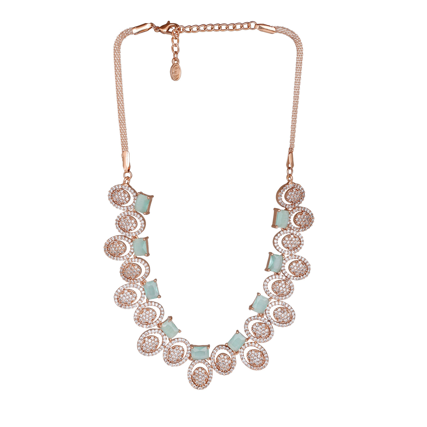 Estele Rose Gold Plated CZ Fascinating Necklace Set with Mint Green Crystals for Women