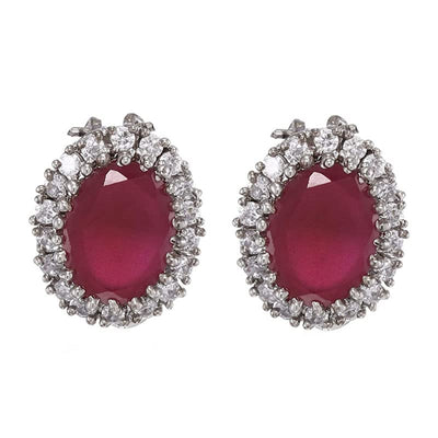Estele Rhodium Plated American Diamond CZ Ruby Halo Stud Earrings for women