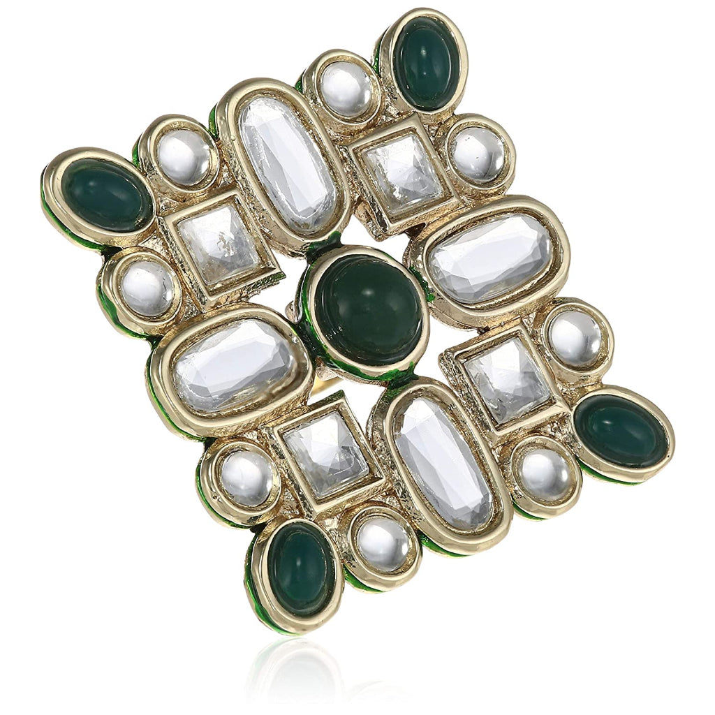 Estele Gold plated white polki kundan stones with green beads for women( non adjustable)