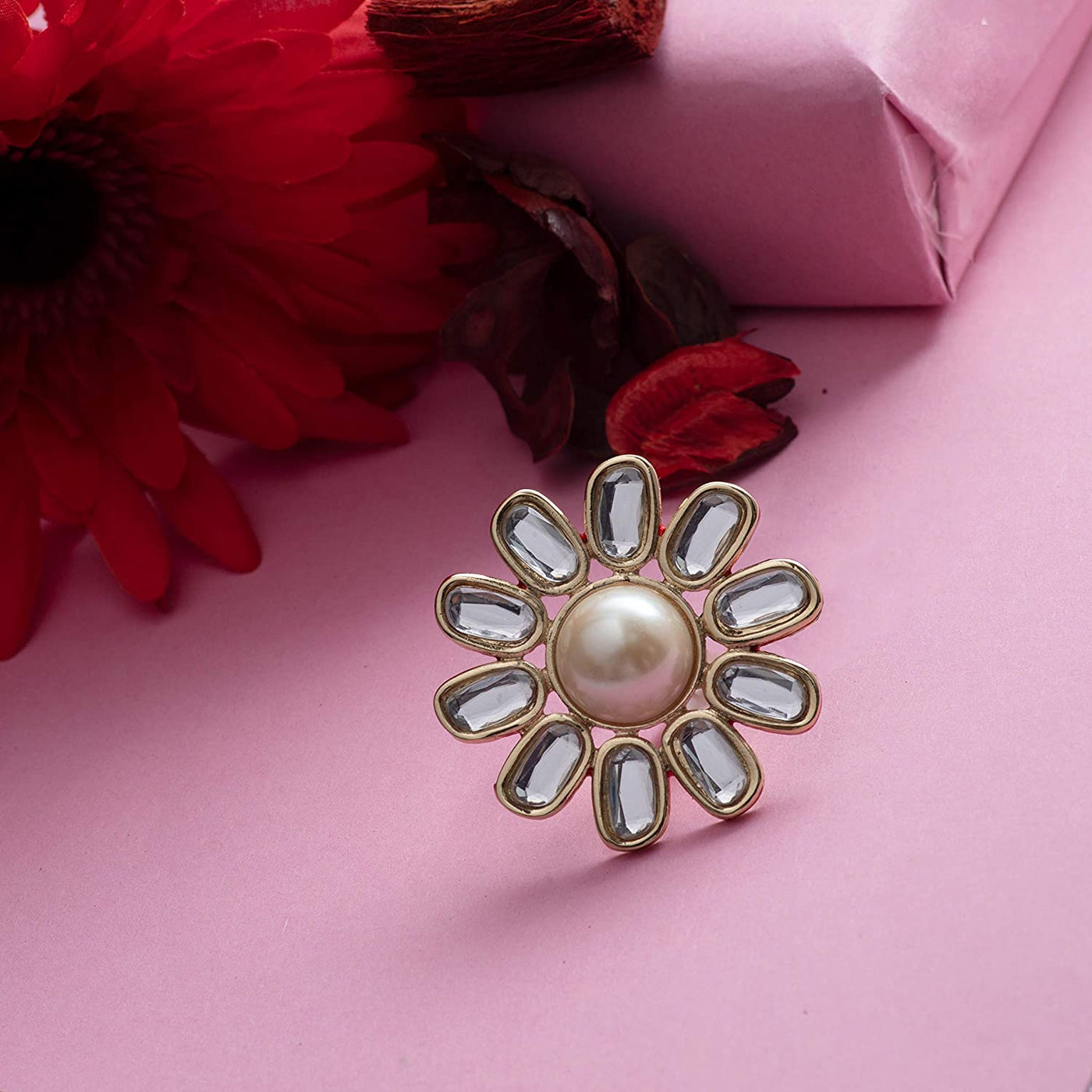 Designer polki Kundan adjustable ring with cream pearl for women