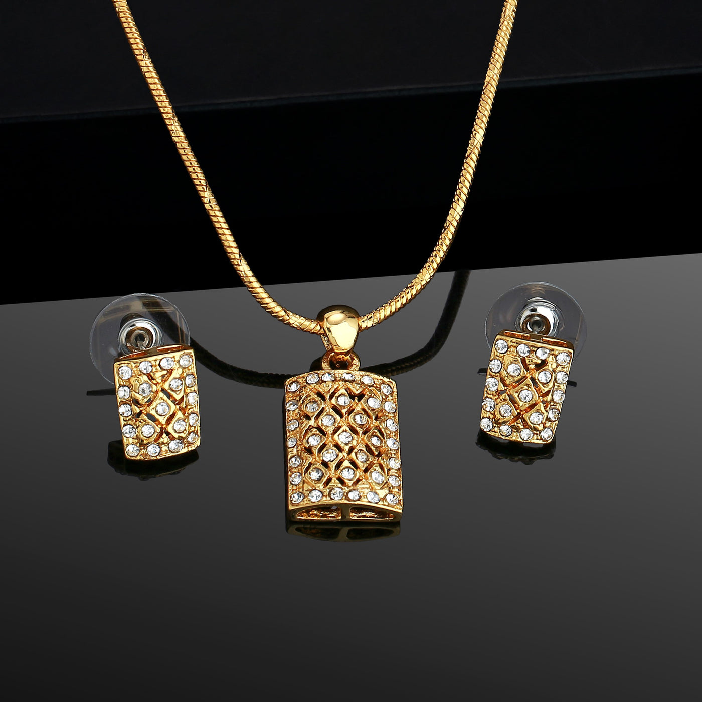 Estele 24 Kt Gold Plated American Diamond Chain Necklace Set for Women