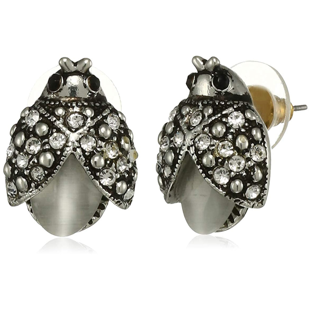 Estele Rhodium Plated Pearl Lady bug Stud Earrings for women