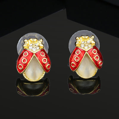 Estele Gold Plated Pearl Lady bug Stud Earrings for women