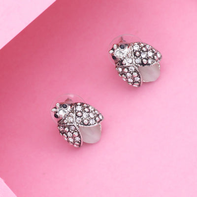 Estele Rhodium Plated Pearl Lady bug Stud Earrings for women