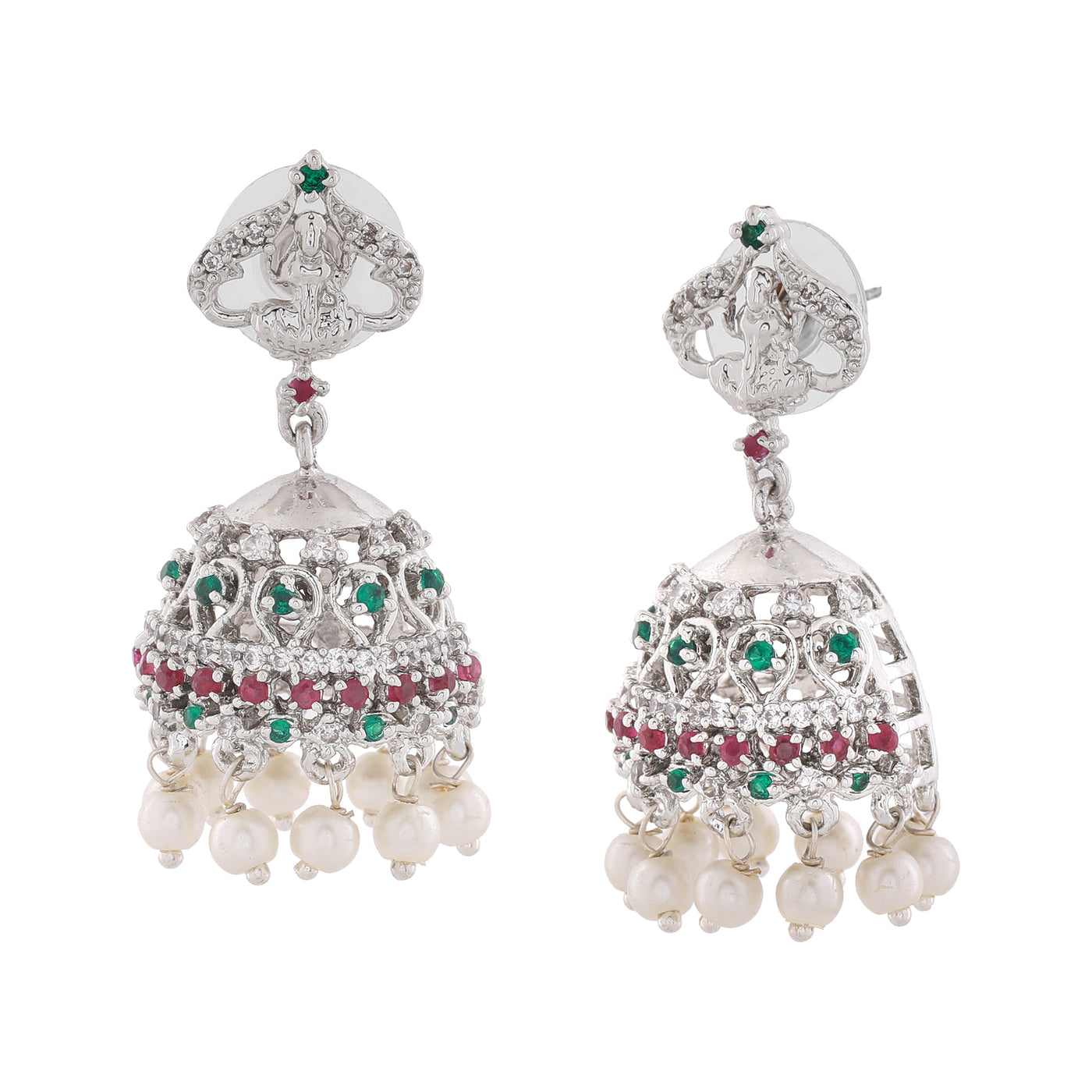 Estele Rhodium Plated CZ Divine Lakshmi Devi Designer Earrings with Pearls for Women
