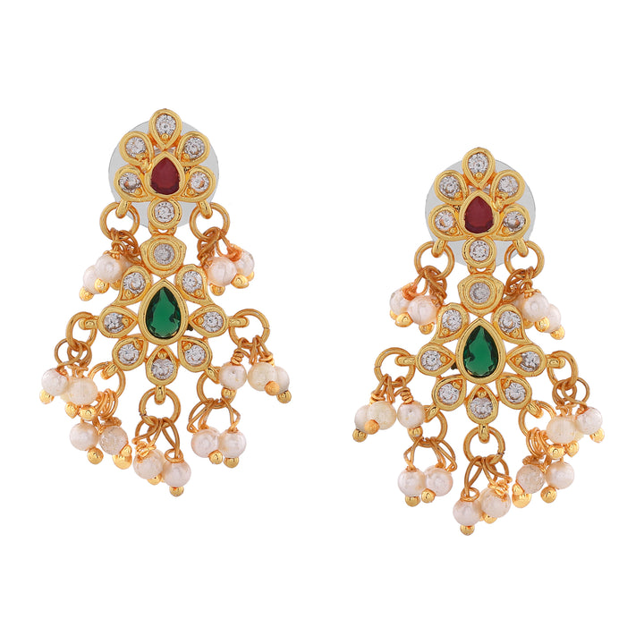 Estele Gold Plated CZ Scintillating Flower Designer Earrings with Pearls for Women