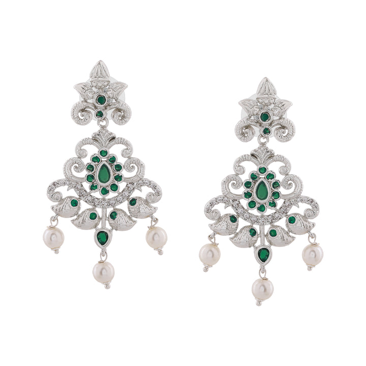 Estele Rhodium Plated CZ Magnificent Bridal Choker Necklace Set with Green Stones & Pearls for Women
