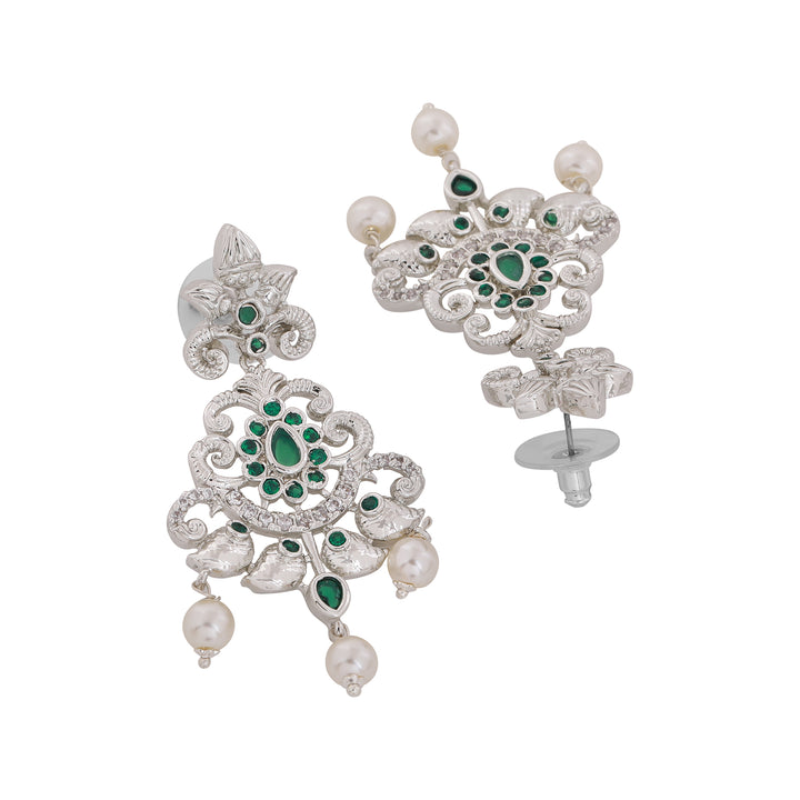 Estele Rhodium Plated CZ Magnificent Bridal Choker Necklace Set with Green Stones & Pearls for Women