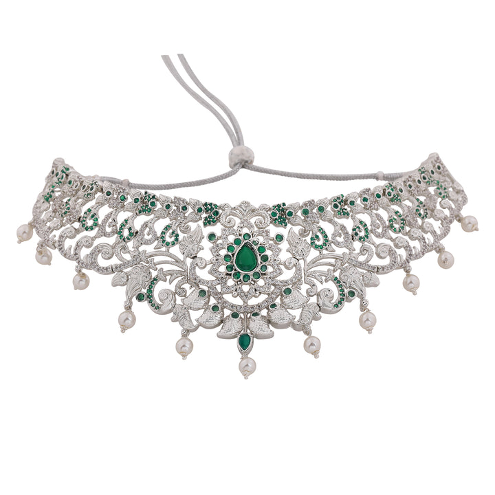 Estele Rhodium Plated CZ Magnificent Bridal Choker Necklace Set with Green Stones & Pearls for Women