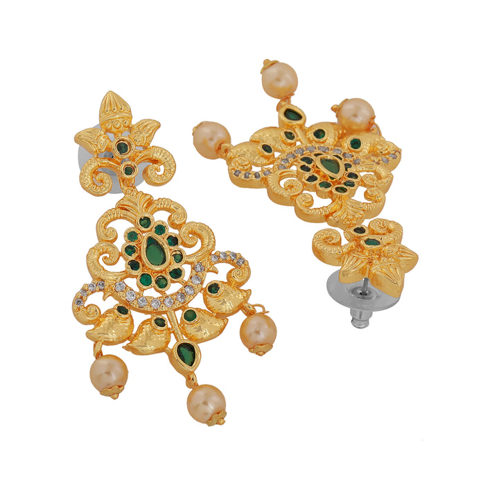 Estele Gold Plated CZ Magnificent Bridal Choker Necklace Set with Green Stones & Pearls for Women