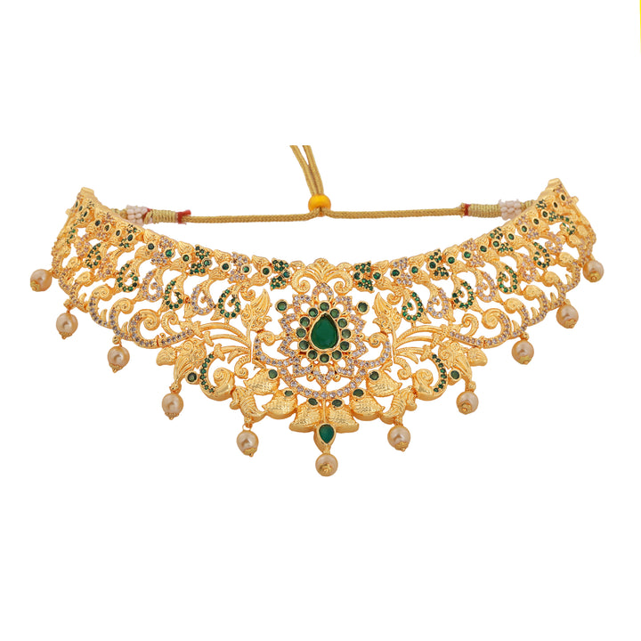 Estele Gold Plated CZ Magnificent Bridal Choker Necklace Set with Green Stones & Pearls for Women
