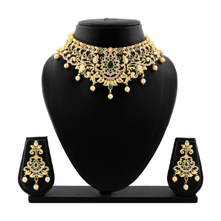 Estele Gold Plated CZ Magnificent Bridal Choker Necklace Set with Green Stones & Pearls for Women