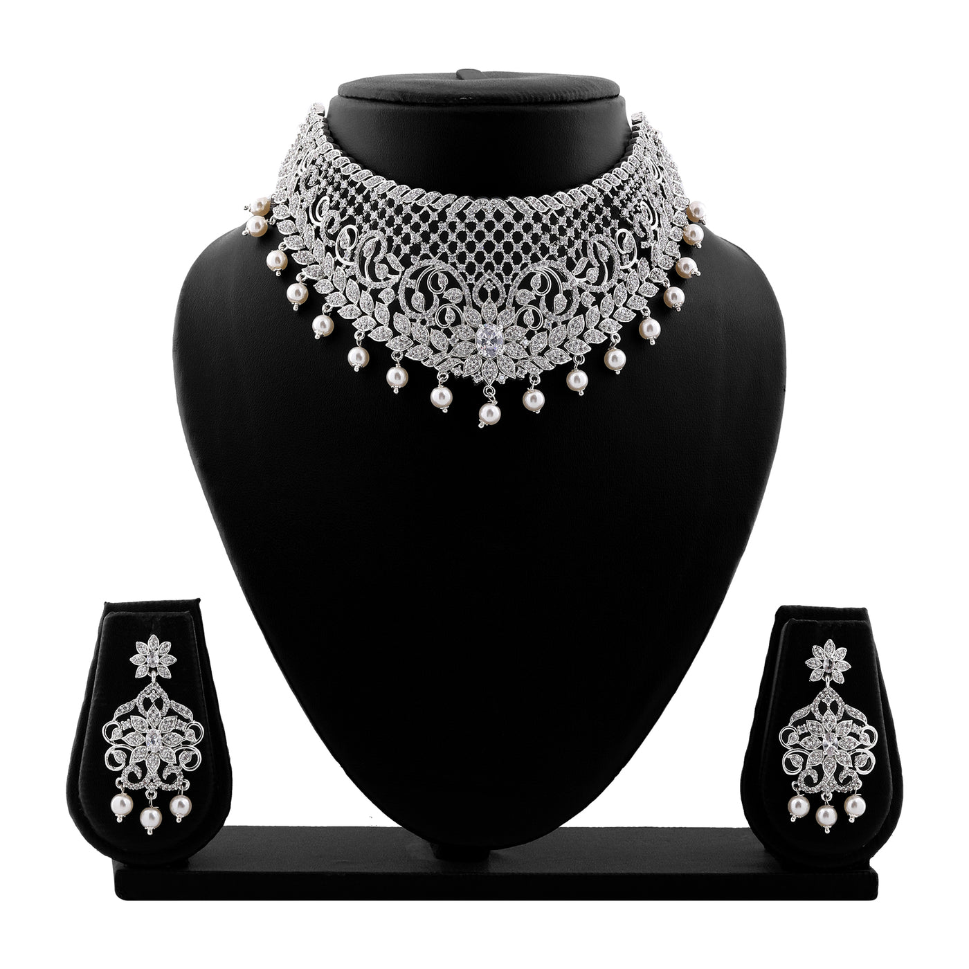 Estele Rhodium Plated CZ Bridal Choker Necklace Set with Crystals & Pearls for Women
