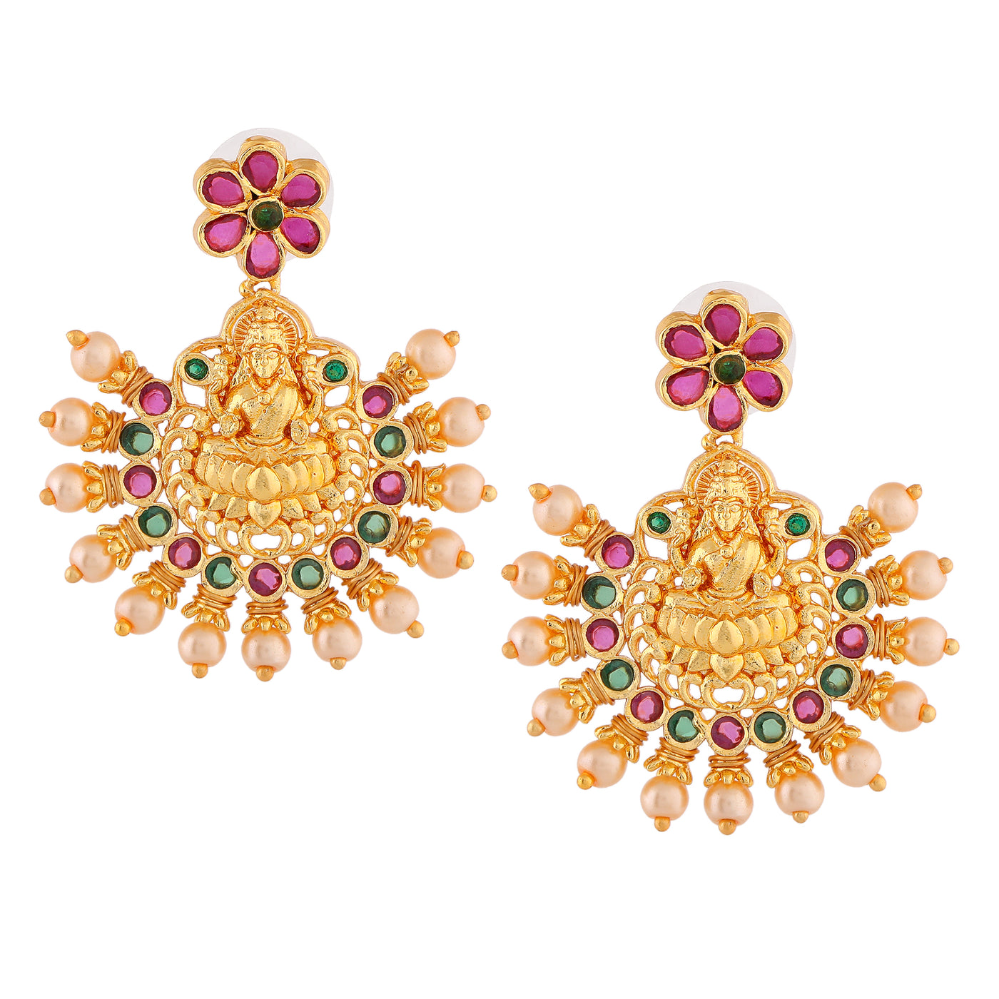 Estele Gold Plated CZ Traditional Lakshmi Devi Designer Earrings with Pearls for Women