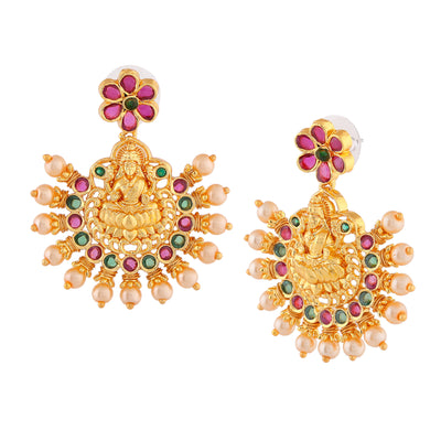 Estele Gold Plated CZ Traditional Lakshmi Devi Designer Earrings with Pearls for Women