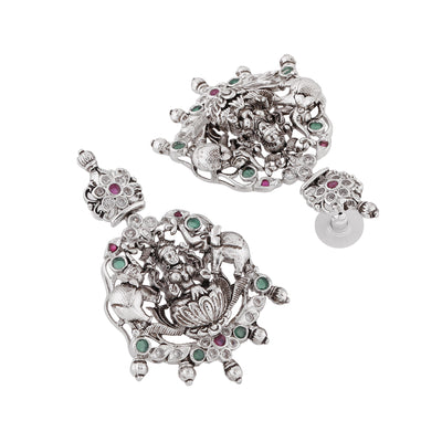 Estele Rhodium Plated CZ Lakshmi Devi Embellished with Elephants Designer Earrings for Women