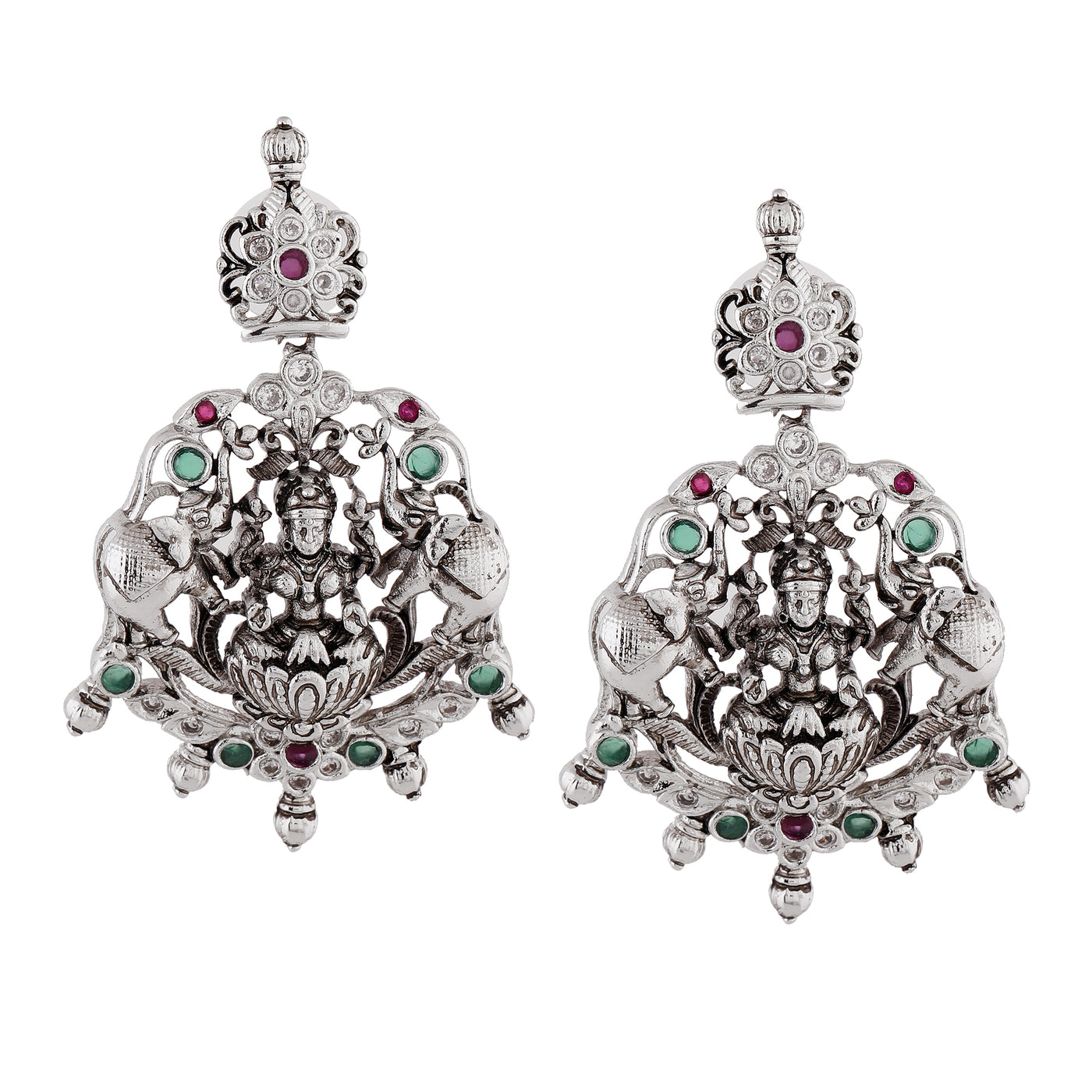 Estele Rhodium Plated CZ Lakshmi Devi Embellished with Elephants Designer Earrings for Women