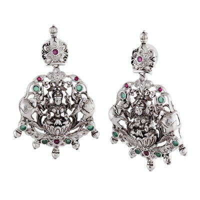 Estele Rhodium Plated CZ Lakshmi Devi Embellished with Elephants Designer Earrings for Women