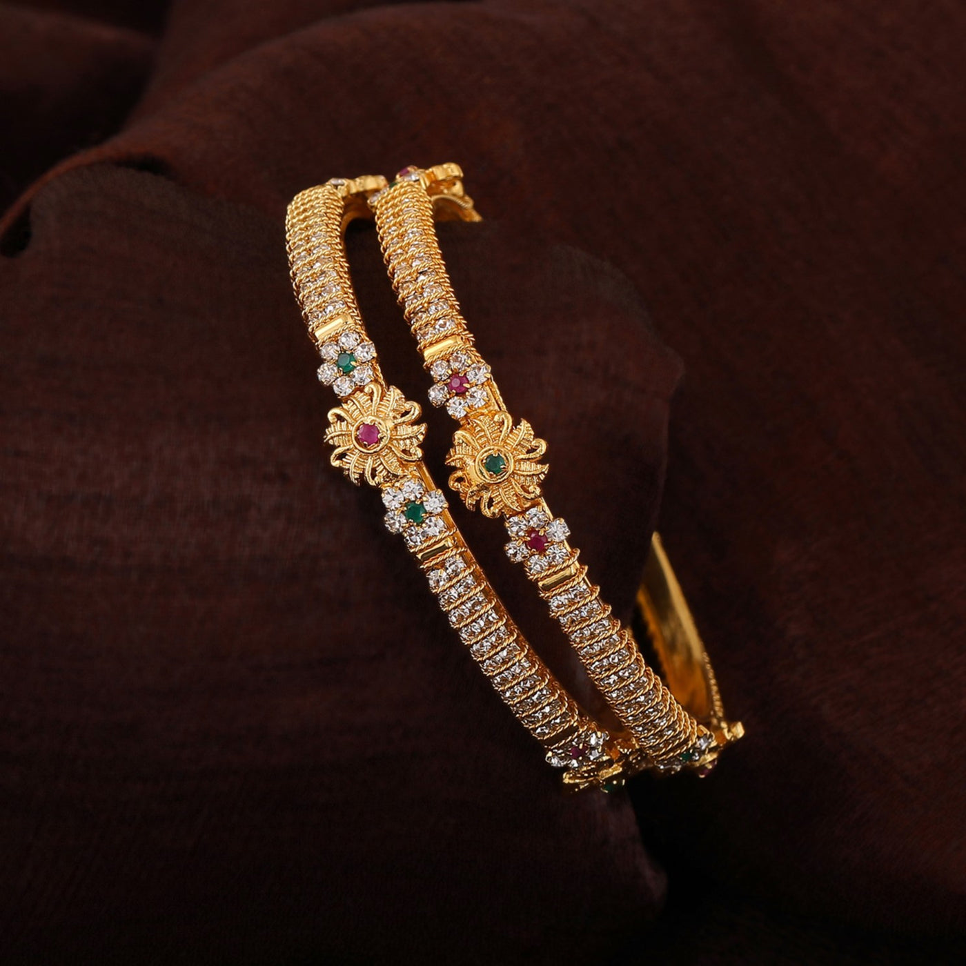 Estele Gold Plated Sparkling Flower Designer Bangle Set with Crystals for Women