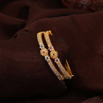 Estele Gold Plated Sparkling Flower Designer Bangle Set with Crystals for Women
